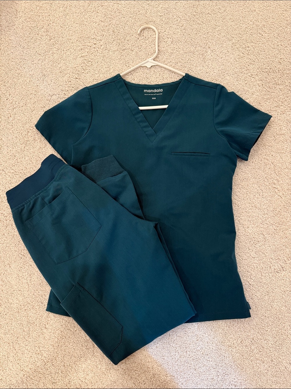 Mandala Scrubs V-Neck Top and Jogger Pants Set carribean Blue